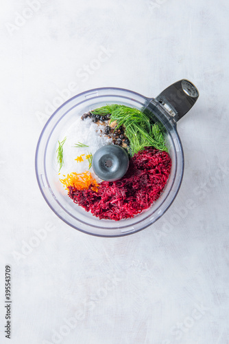 Gravlax marinade ingredients in a blender photo