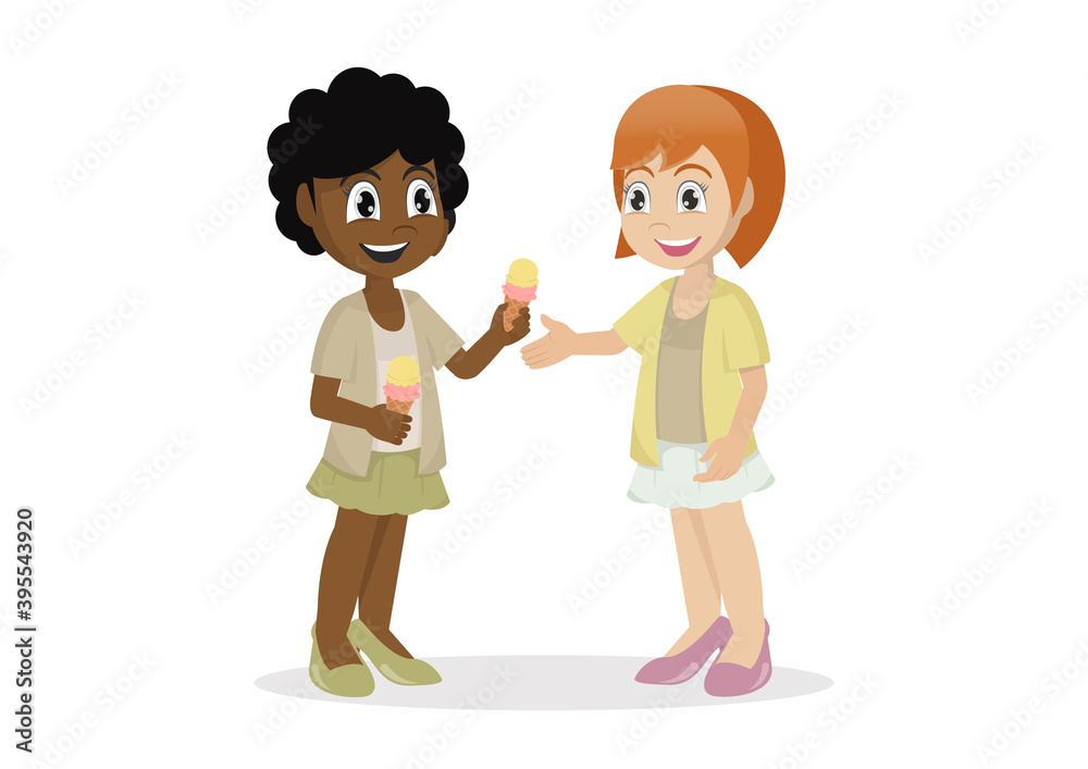 happy cute kid girl give friend Ice cream happy cute kid girl give friend Ice cream