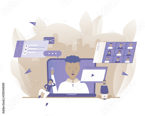 People are viewing a blogger's lecture or webinar on a computer. Online or distance education. Vector illustration with Web communication idea for business, start up, marketing, telework, remote work