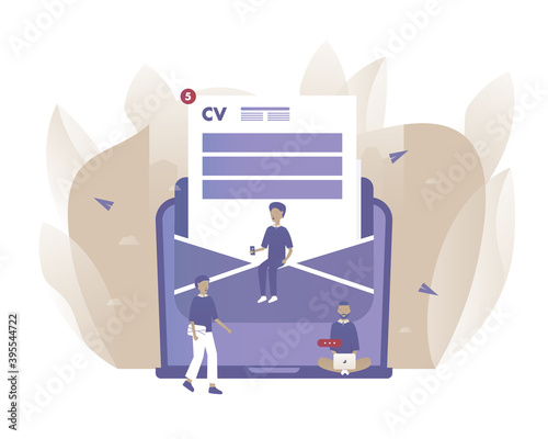 Web Mail. People check new message. Vector illustration with Web communication idea for telework, remote working, social media
