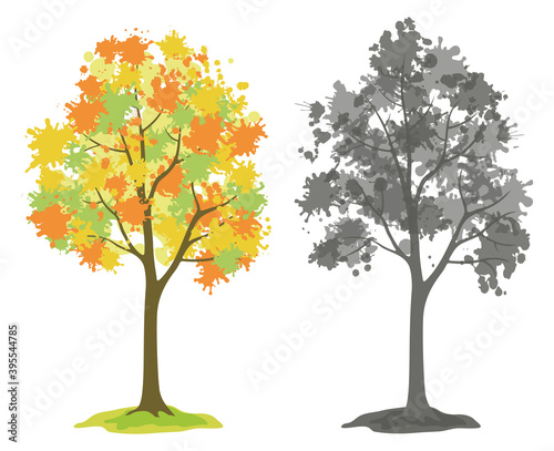 Symbolic Trees with Crowns of Blots, Colorful Autumn and Black and Gray Silhouette Isolated on White Background. Vector