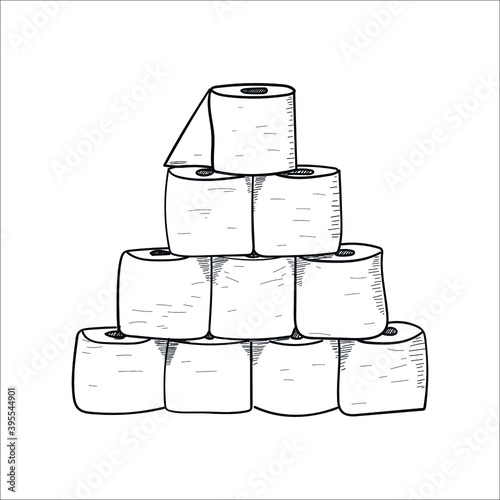 Toilet paper, many rolls. tree made of toilet paper. new year 2021. quarantine, self-isolation, logdaun. vector eps 10. black outline. coloring.