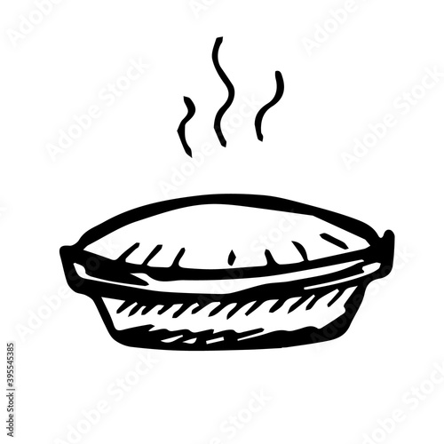 Single hand drawn Apple pie for children's illustration. Doodle vector illustration. Isolated on a white background, black and white graphics