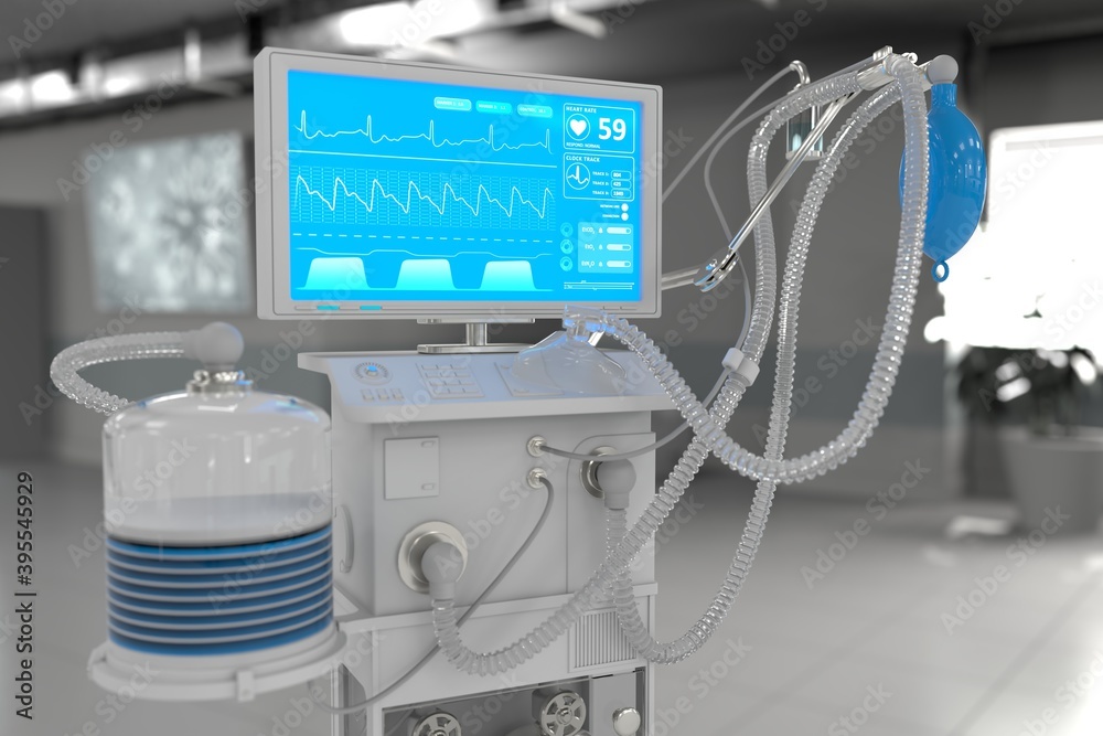 Medical 3D illustration, ICU artificial lung ventilator with fictive design in bright clinic with soft focus - fight coronavirus concept Medical 3D illustration, ICU artificial lung ventilator with fictive design in bright clinic with soft focus - fight coronavirus concept