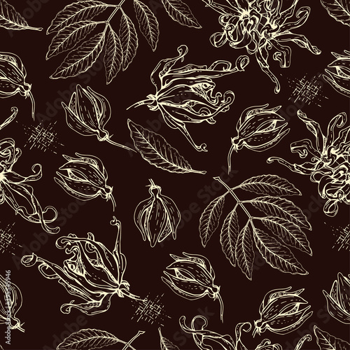 Seamless Pattern with flowers and leaves of ylang-ylang . Detailed hand-drawn sketches, vector botanical illustration.