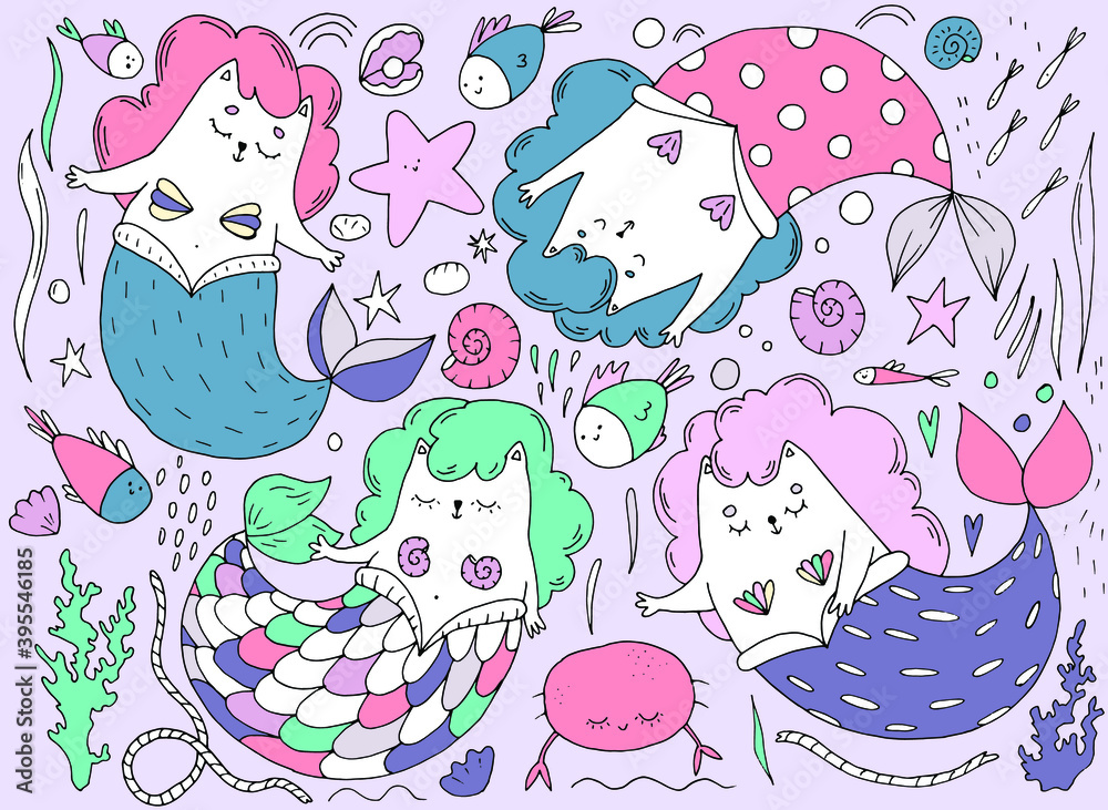 cute set of mermaid cats in color, seashells, marine theme, children's illustration