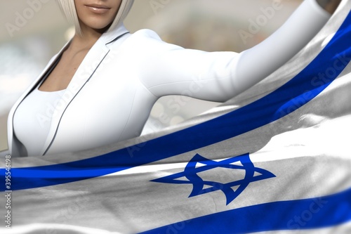 Εκτύπωση καμβά sexy business woman holds Israel flag in front on the mall background - flag con