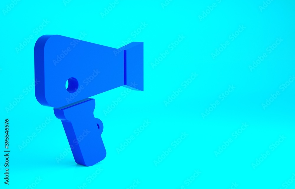 Blue Hair dryer icon isolated on blue background. Hairdryer sign. Hair drying symbol. Blowing hot air. Minimalism concept. 3d illustration 3D render. Blue Hair dryer icon isolated on blue background. Hairdryer sign. Hair drying symbol. Blowing hot air. Minimalism concept. 3d illustration 3D render.