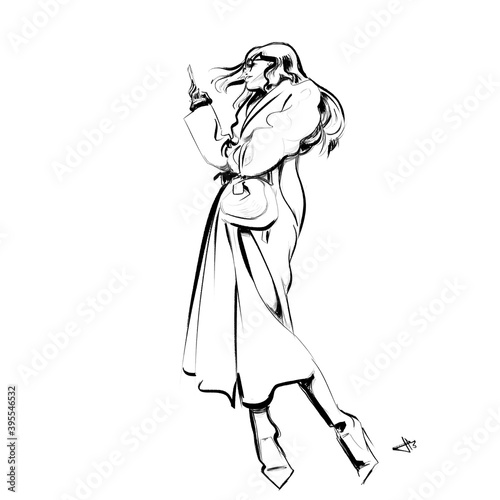 Canvas-taulu Drawing of a woman checking her phone, wrapped up warmly in a sumptuous coat