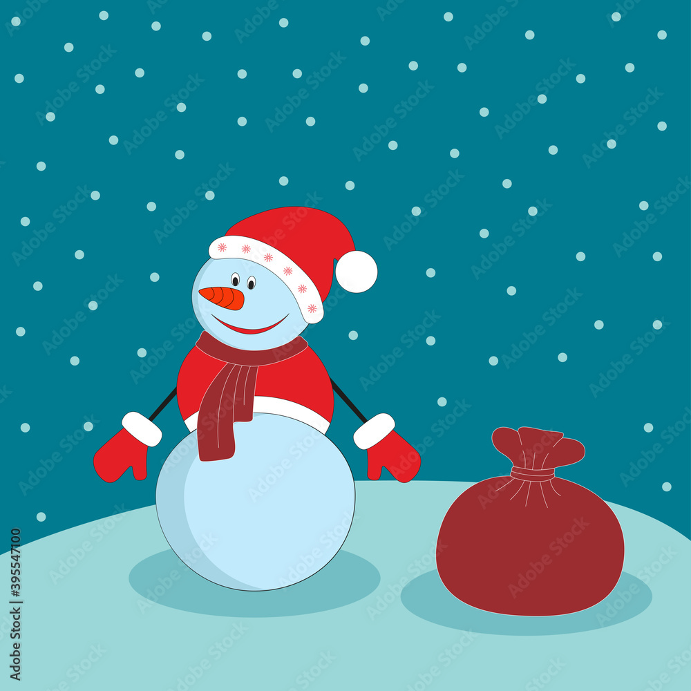 Christmas snowman in a scarf and hat with a bag of gifts. Vector illustration of a winter holiday. Christmas card for the New year. Christmas snowman in a scarf and hat with a bag of gifts. Vector illustration of a winter holiday. Christmas card for the New year.