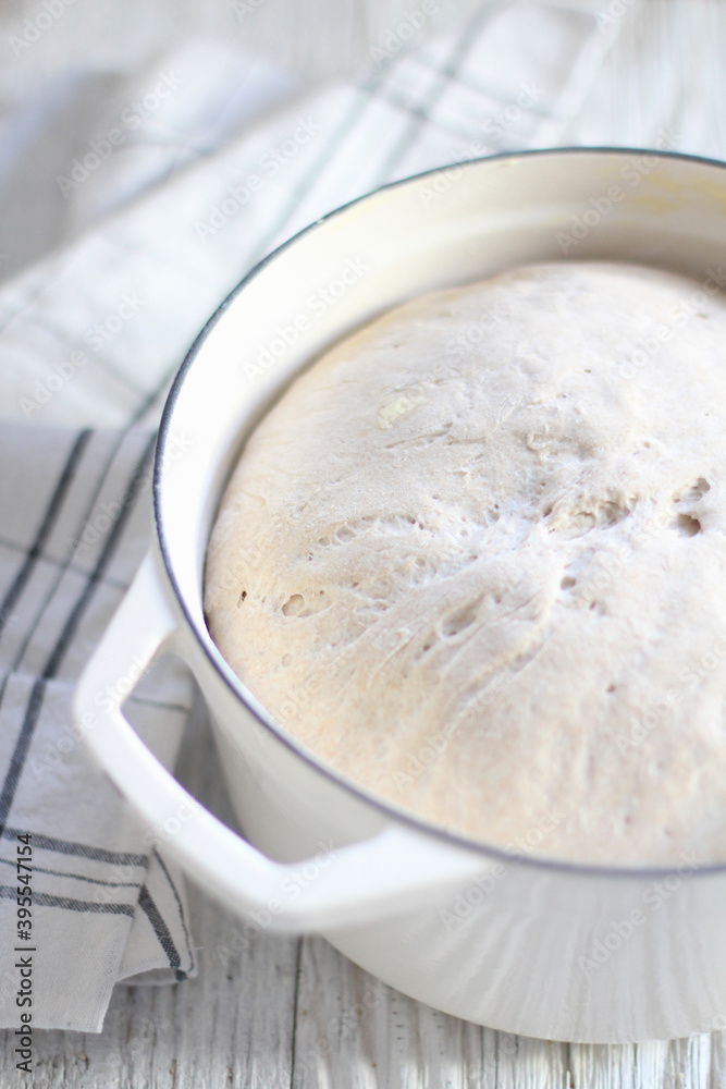 Bread dough in an enamel pot