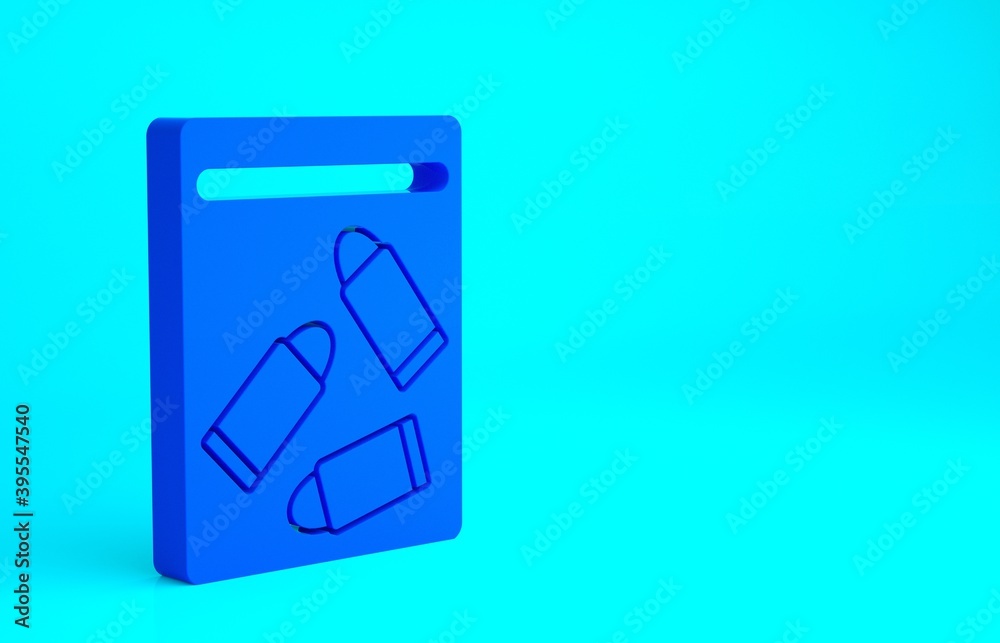 Blue Evidence bag and bullet icon isolated on blue background. Minimalism concept. 3d illustration 3D render. Blue Evidence bag and bullet icon isolated on blue background. Minimalism concept. 3d illustration 3D render.