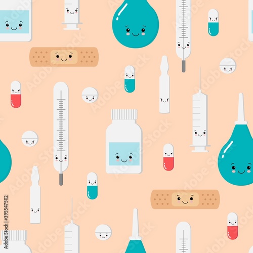 Medicines pattern with cute kawaii face and different emotions. Children hospital clip art, stickers. Isolated on yellow background.