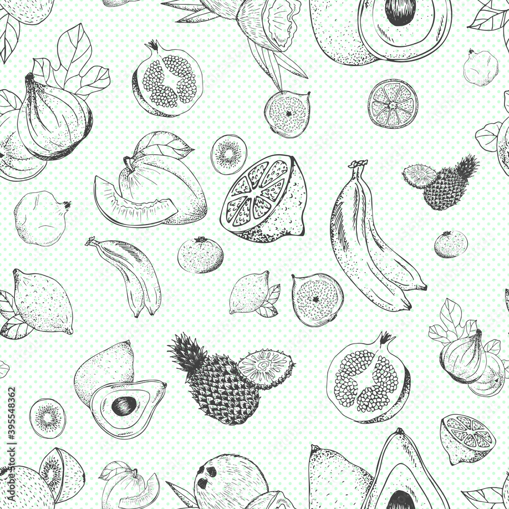 Vector fruits pattern. Fruits seamless vintage background