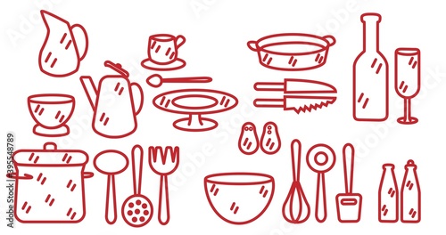 Kitchen tools set in line style. Isolated on white vector illustration. Collection of kitchen utensils.