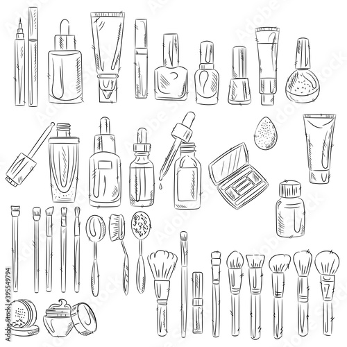 Sketch of cosmetics products, fashion makeup banner. Brushes, powder palettes, lipstick, eye pencil, nail polish realistic vector illustrations set. Cosmetics shop, beauty salon
