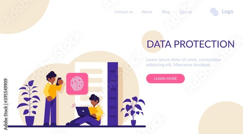 Data protection concept. Database security. Big data storage, big data engineering, data protection, disk infrastructure, business information safety, access policy. Modern flat illustration.