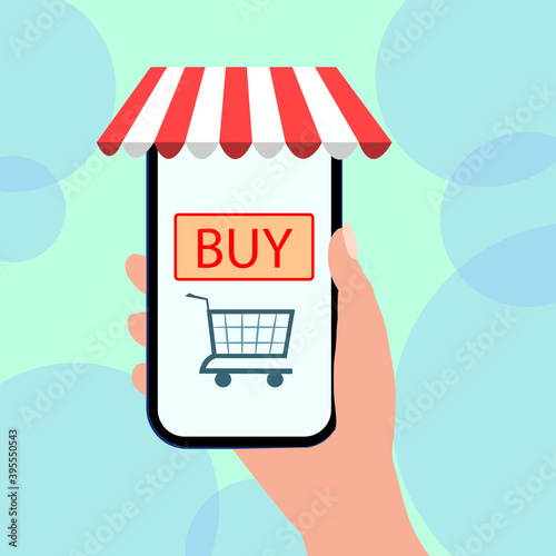 Online shopping. Shopping from your phone. Contactless payment. Buy button. Vector illustration