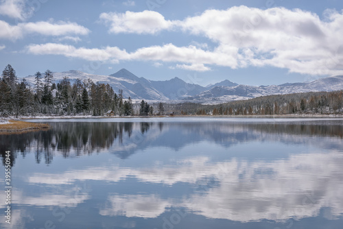 mountains lake forest snow clouds reflection autumn