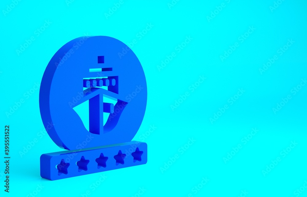 Obraz premium Blue Cruise ship icon isolated on blue background. Travel tourism nautical transport. Voyage passenger ship, cruise liner. Worldwide cruise. Minimalism concept. 3d illustration 3D render.