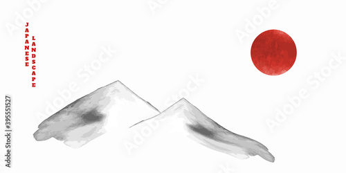 Vector illustration. Minimalist watercolor ink background. Traditional oriental painting. Japanese decorative art. Panoramic landscape. Wallpaper. Abstract grunge backdrop. Hand drawn mountains