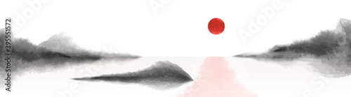 Vector illustration. Minimalist watercolor ink background. Traditional oriental painting. Japanese decorative art. Panoramic landscape. Wallpaper. Abstract grunge backdrop. Hand drawn mountains