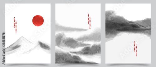 Vector illustration. Minimalist watercolor ink landscapes set. Traditional oriental painting. Japanese decorative art. Design elements for poster, book cover, brochure, magazine, flyer, booklet