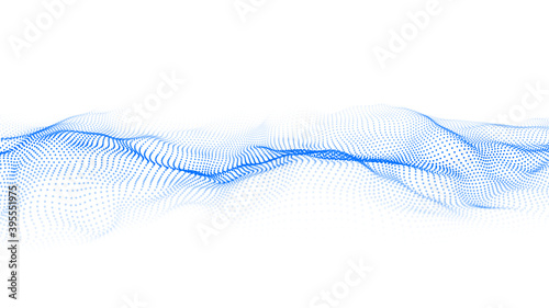 Abstract blue wave with moving dots. Flow of particles. Vector cyber technology illustration.