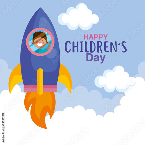 Happy childrens day with boy in rocket design, International celebration theme Vector illustration
