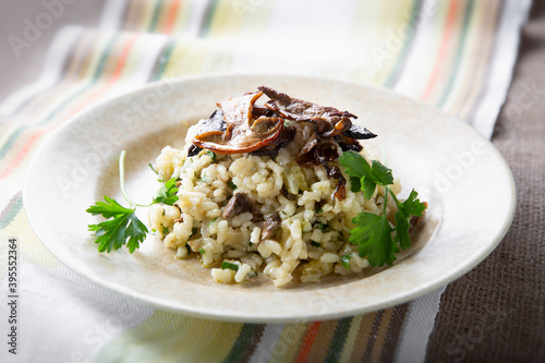 Wild mushroom risotto topped by mix of forest ceps photo