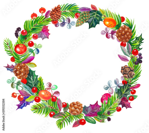 Watercolor colorful christmas wreath with, cones, fruits, berries, leaves and branches tree. White background