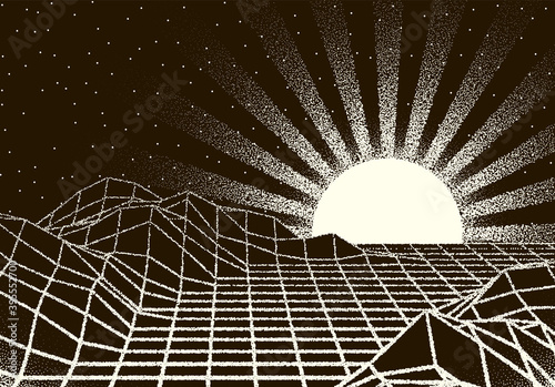 Retro dotwork landscape with 80s styled sun rays, laser grid and stars background from old sci-fi book or poster