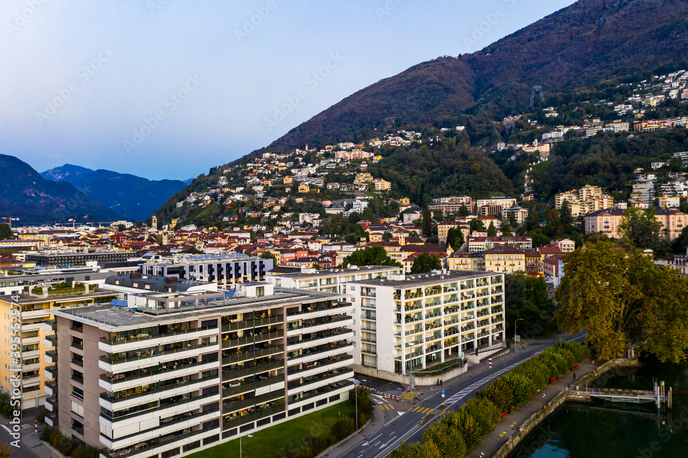 Aerial view in the morning, Locarno, Lake Maggiore, Ticino, Switzerland