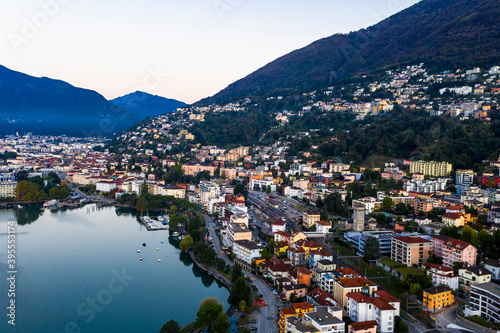 Fototapeta Naklejka Na Ścianę i Meble -  Aerial view in the morning, Locarno, Lake Maggiore, Ticino, Switzerland