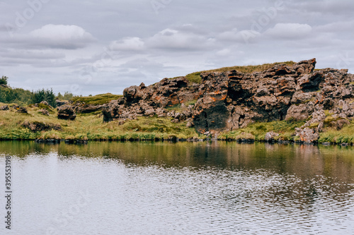 Volcanic rock formations in Lake Myvatn in Northern Iceland in summer