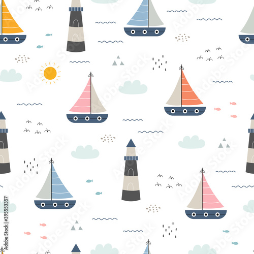 Seamless pattern Sea background with the sailboat and small fish Hand drawn design in cartoon style, use for print, decorative wallpaper, fabric, textiles. Vector illustration