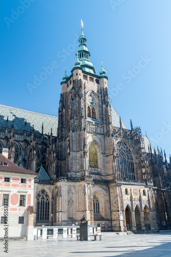 Roman Catholic metropolitan Cathedral of Saints Vitus. The main tower and the Golden Gate in Prague, Czech Republic.