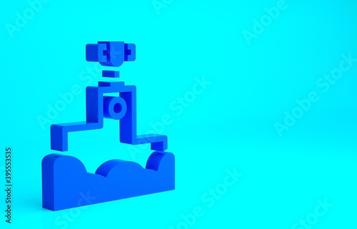 Blue Award over sports winner podium icon isolated on blue background. Minimalism concept. 3d illustration 3D render.