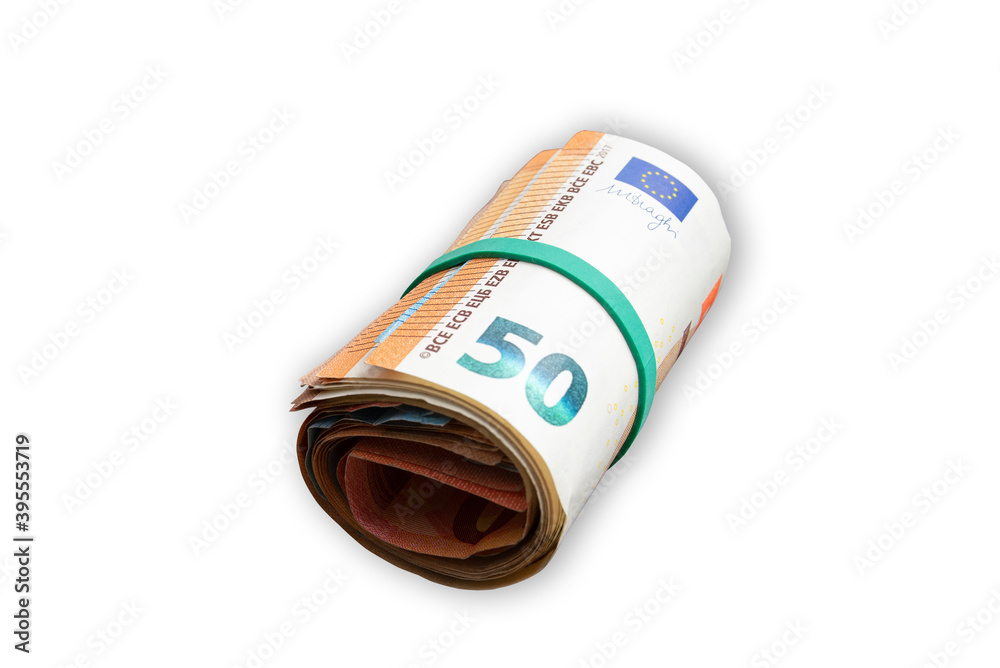 close-up of money roll with rubber band isolated on white background close-up of money roll with rubber band isolated on white background