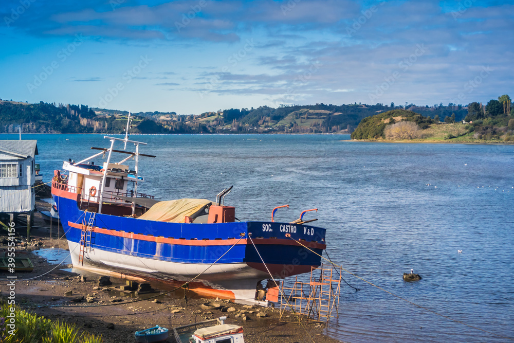 Chiloe Island / Los Lagos / Chile -  04/29/2018: Traditional wooden fishing boat on the island of Chiloe, Chile.