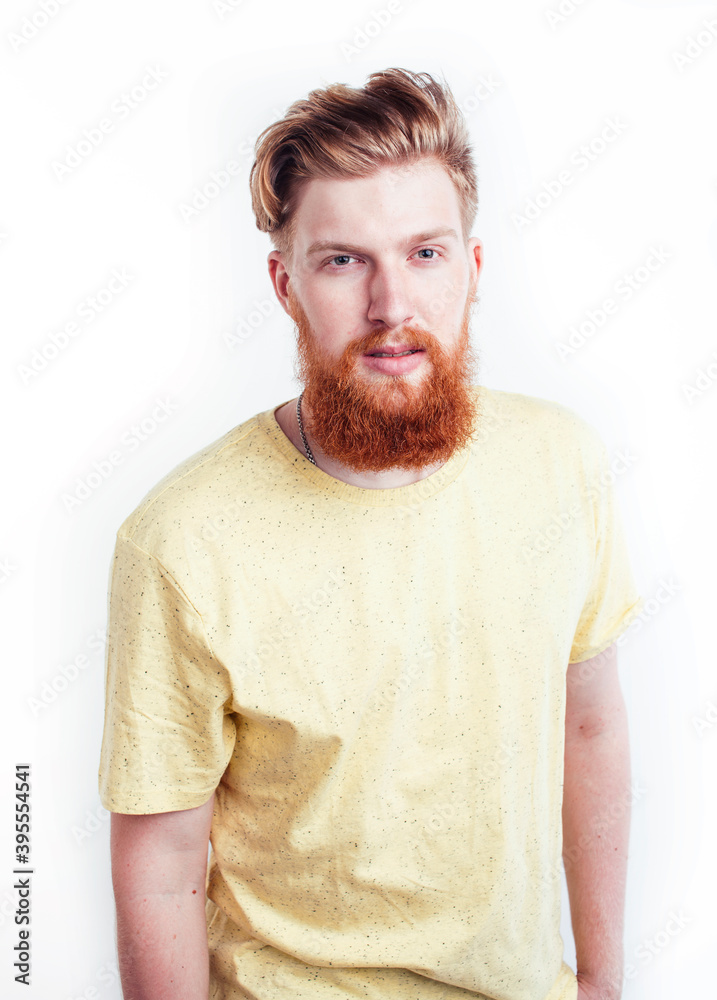 Fototapeta premium young handsome hipster ginger bearded guy looking brutal isolated on white background, lifestyle people concept