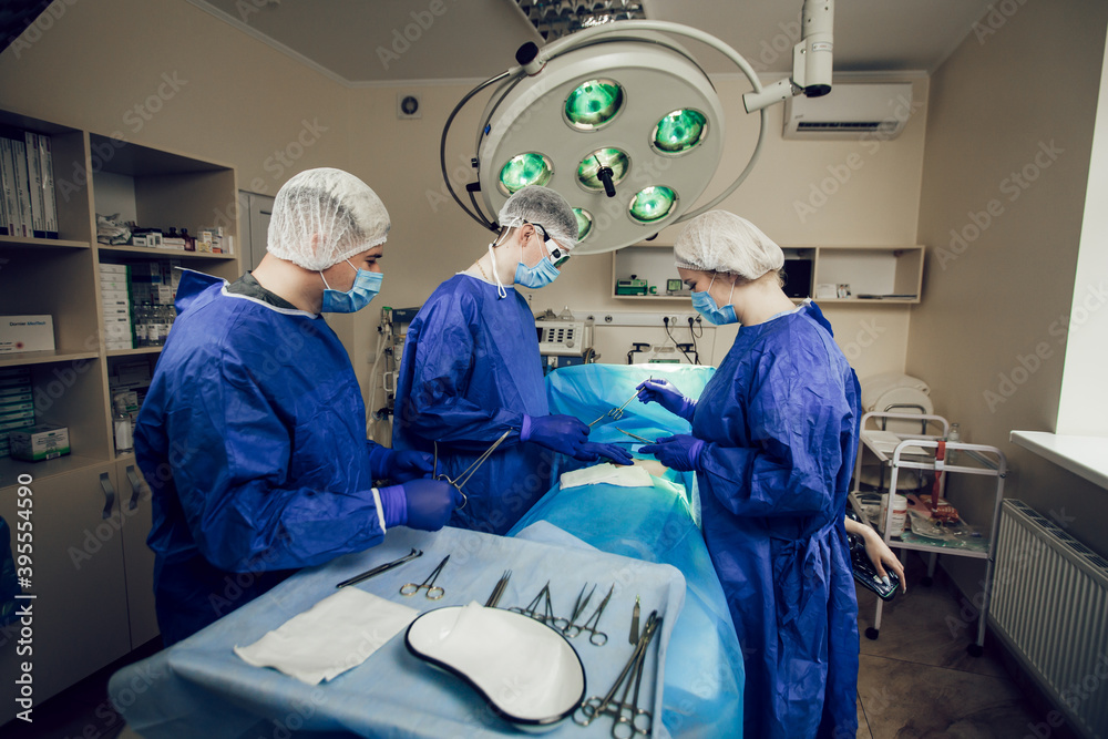 © Olha - A team of surgeons in a blue uniform operates on a patient in a hospital. Side view of young doctors at work.