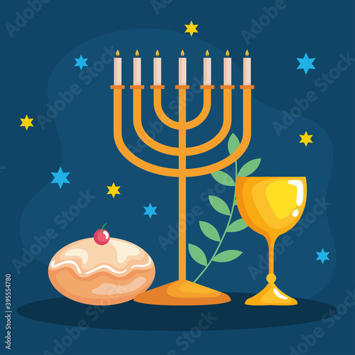 Happy hanukkah menorah goblet and sufganiot design, holiday celebration judaism religion festival traditional and culture theme Vector illustration