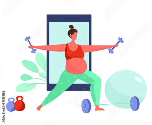 Character Doing Sports Online at Home with Barbell Ball and Dumbbells During Quarantine.Online Fitness Training Sports Activity Yoga Gym on Phone by Application.Equipment for Sport.Vector Illustration