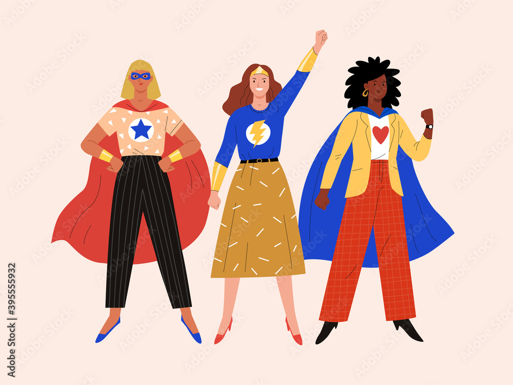 Super team. Vector illustration in flat style of three ordinary women in casual clothes with attributes of super heroes: mask, cloak and bracelets. Isolated on background Super team. Vector illustration in flat style of three ordinary women in casual clothes with attributes of super heroes: mask, cloak and bracelets. Isolated on background