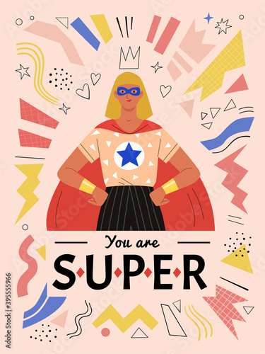 You are super. Vector illustration in modern flat style of an ordinary young  woman in casual clothes and super hero red cape. Isolated on abstract background