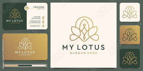 Minimalist luxury lotus logo design flower spa. luxury beauty salon,line art, fashion, skin care, cosmetic, yoga and spa products. logo templates and business card design.Premium Vector