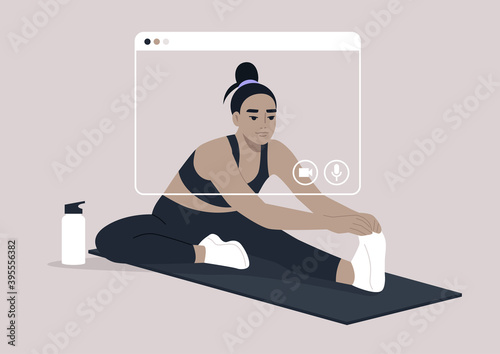 An online workout session, a young female Asian character doing a hamstring stretch, sport and well being