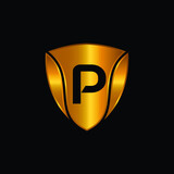 Golden Shield Logo Design for Letter P. Vector Realistic Metallic logo Template Design for Letter P. Golden Metallic Logo. Logo Design for cars, safety companies, and others.