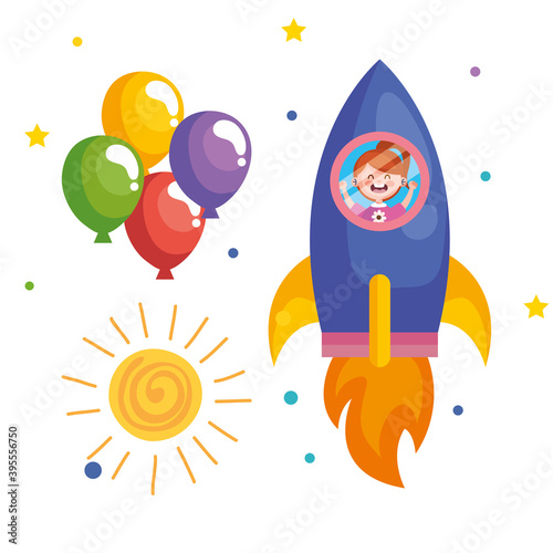 girl cartoon in rocket with balloons design, Kid childhood little and people theme Vector illustration